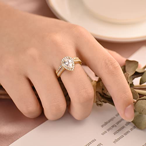 Wuziwen 3Ct Pear Cut Wedding Band Bridal Ring Set for Women Engagement Gold Ring 925 Sterling Silver AAAAA CZ4