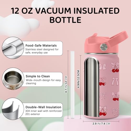 Image of Cherry Water Bottle for Daughter, Stainless Steel Insulated Tumbler with Straw Lid and Handle, 12oz Reusable Leak-Proof Bottle for Sports