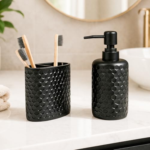 Image of MARKET 99 Black Diamond Cut Bathroom Accessories Set of 2 | Matte Black Polyresin Soap Dispenser & Toothbrush Holder | Luxury Bathroom Organizer Set for Vanity & Wash Basin