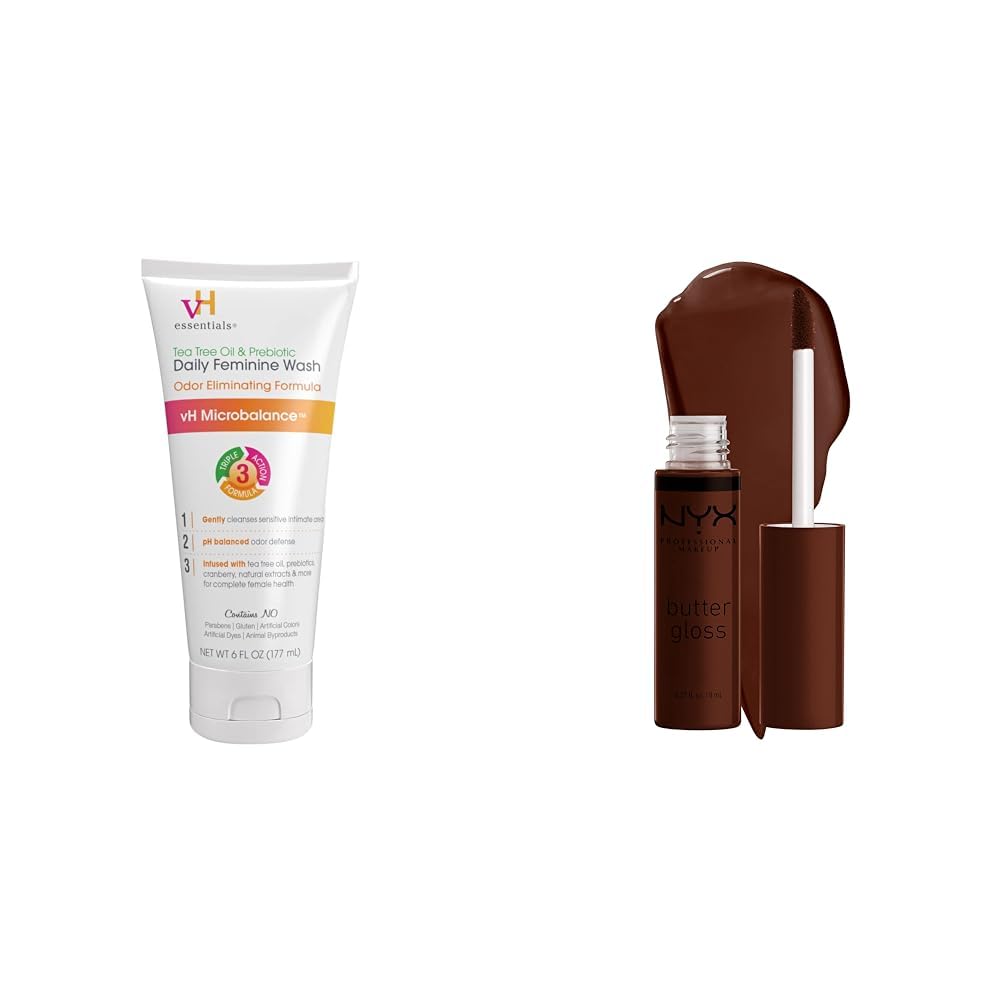 vH essentialsTea Tree Oil & Prebiotic Daily Feminine Wash, 6 Fl Oz & NYX Butter Gloss Brown Sugar in Lava Cake