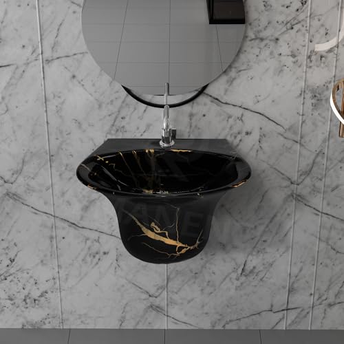 Image of REMANENCE Luxury Wall Mount Half Pedestal Wash Basin for Bathroom | Designer Wall Hung Basin | Wall Mounted Washbasin for Resturent, Hotels (16 x 16 x 11 Inch) (Black Gold Jelly)