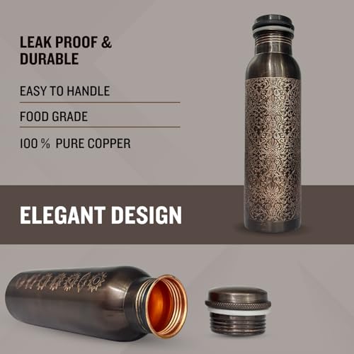 Image of Copper Water Bottle 1 Ltr | Copper Water Bottle with Glass Set | Meena Work | 100% Pure | Leak-Proof | 2 Water Glass 300ml each | Best for Gifting ((Dark Brown Design))
