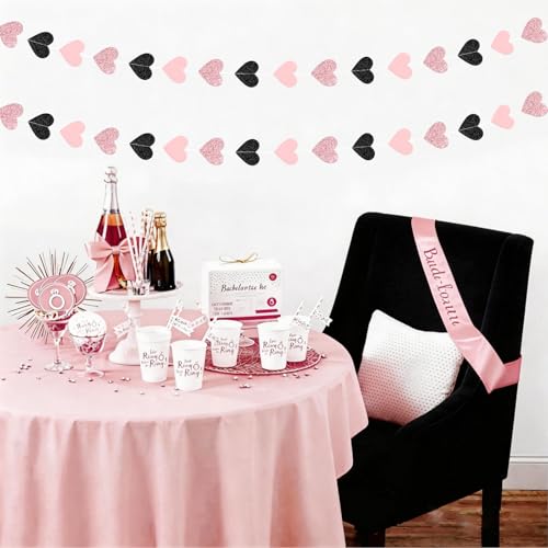 Image of Rose-Gold Pink and Black Birthday Decorations Streamers - 39FT Baby Girls Hanging Heart Garland Banner Christmas Wedding Engagement Bachelorette Bridal Shower Backdrop Graduation Decor