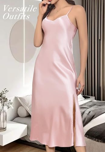 Image of ALCEA ROSEA Women's Long Satin Slip Dress Nightgowns Sexy Lingerie Adjustable Strap Midi Dress Silky Gown V Neck Under Dress