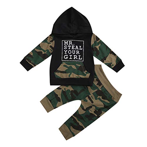 2PCS Toddler Baby Boys Clothes Letter Printed Hoodie Sweatshirt Tops+Camouflage Long Pants Outfits Set (Black, 18-24 Months)