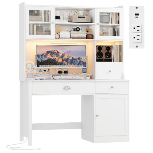 FACBOTALL Computer Desk with Hutch and RGB, Office Desk with Power Outlet