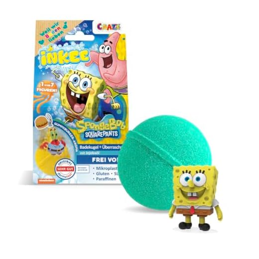 INKEE SpongeBob - Badebombe Kinder mit Überraschung - SpongeBob Schwammkopf Figuren zum Sammeln - Badekugel 80g mit Burgergummi-Aroma und Jojobaöl, Türkis oder Gelb