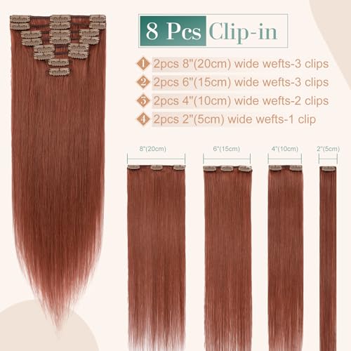Image of Dark Auburn 14-24 inch Remy Human Hair for Women 8pcs 18 Clips Full Head Soft Straight Hair(16 inch=60g #33)