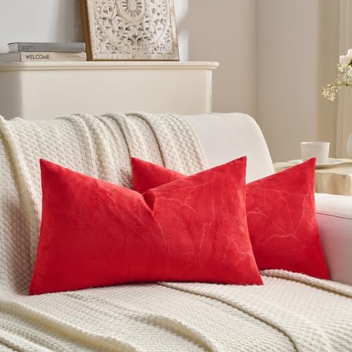 Image of FUTEI Pack of 2 Velvet Throw Pillow Covers 12x20 Inch Soft Embossed Leaf-Relief Textured Decorative Lumbar Pillowcases Modern Natural Farmhouse Accent for Couch Bed Living Room, Red