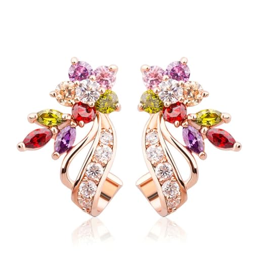 BISAER Rose Gold Plated Flower Stud Earrings Multicolor Cubic Zirconia Earrings for Women CZ Jewelry Gifts