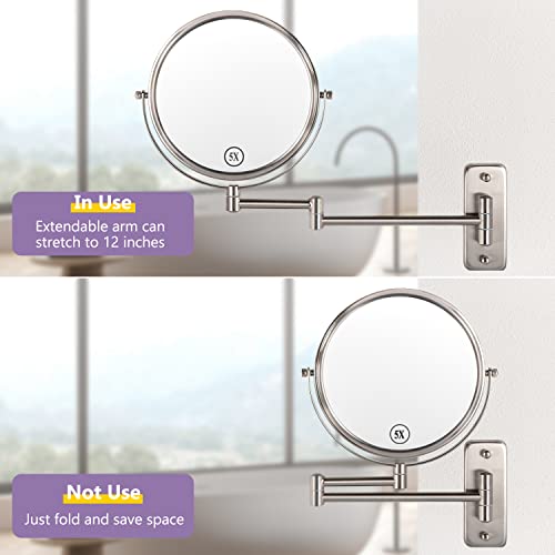 Wall Mounted Makeup Mirror, 1X/5X Magnifying Mirror Double Sided, 8 Inch Extendable Bathroom Mirror for Shaving, Nickel ALHAKIN