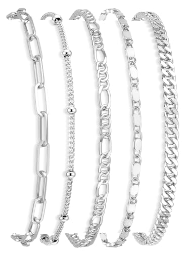 Gokeey Silver Ankle Bracelet for Women Dainty Cuban Link Paperclip Cuban Figaro Chain Adjustable Layered Silver Anklet Set Fashion Jewelry Gifts