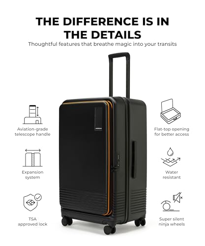 Image of MOKOBARA Access Trunk Luggage Expandable Trolley Bag-77cm(105L expands Upto 115L),Polycarbonate Hardshell,Flat-Top Opening,TSA Lock,8 Silent Wheels,for 15+ Day Trip,Black&Yellow(Money Moves Sunray)