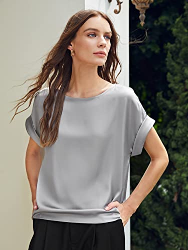 Chigant Women's Short Sleeve Satin Blouses Casual Loose Crewneck Silk Shirts Roll Up Sleeve Tunic Tops S-XXL3