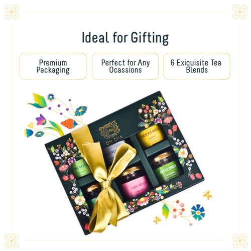 Image of OH CHA - Green Tea Gift Box | Assorted Tea Gift Set with 6 Exquisite Flavors | Whole Green Tea Leaves | Festive Box, Teas Gift Hamper | Wedding Gift | Festive Celebrations Gift | 6 Wellness Teas for everyday | Diwali Gift for Clients, Employees