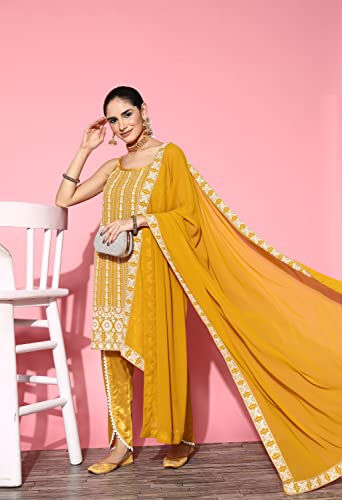 Image of LYMI LABEL Kurta Set For Women - Georgette Chikankari Sequence Straight Kurta With Bottom Set with Matching Dupatta for Ethnic, Fusion Wear