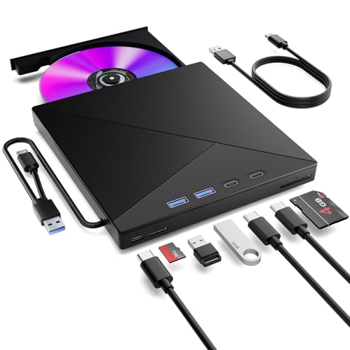 BNEHHOV Lecteur CD/DVD Externe pour pour PC,USB 3.0 Mince Portable Graveur Enregistreur et Type-C CD DVD +/-RW, avec Lecteur de Cartes SD TF, Compatible avec...