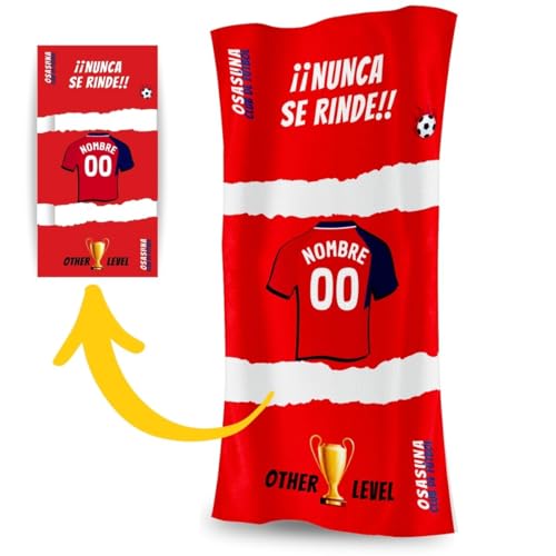 DEREGALOOS Toalla Personalizada con Nombre y Equipo de fútbol. Regalos Personalizados fútbol Osasuna. Regalo Original para Aficionados del Fútbol. Regalo Mundial futbolistas.