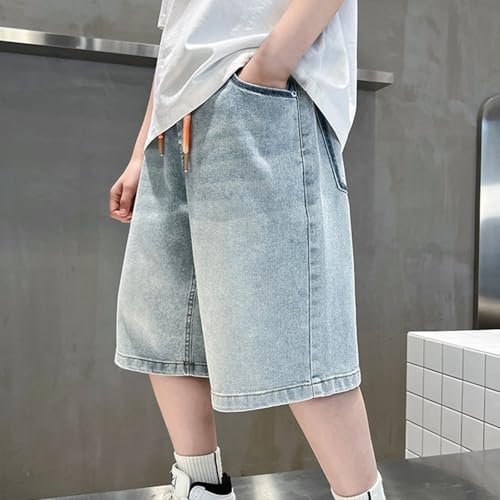 Big Boys Denim Half Pants Kids Boys Elastic Waist Jeans Adjustable Summer Wide Leg Wash Denim Shorts with Pocket4