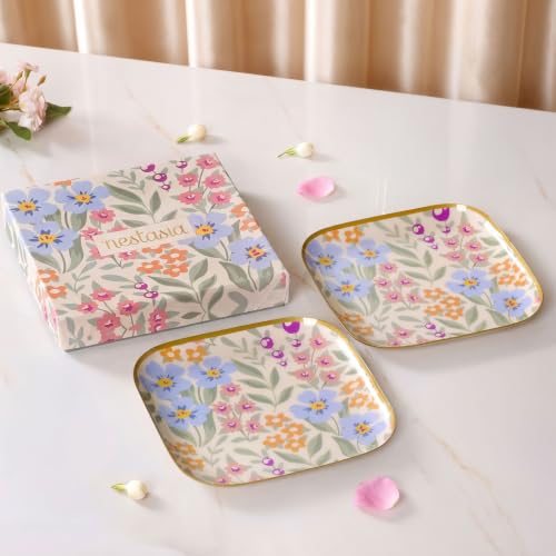 Image of Nestasia Serving Tray Set of 2 with Gift Box - Elegant Floral Print Snacks Plate with Golden Rim for Decoration & Gifting | Food Safe, Rust-Resistant & Premium Finish Platter - Perfect for Home Decor