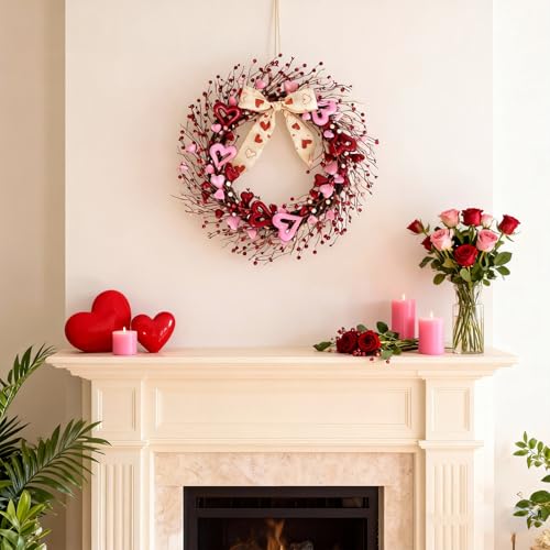 TEMPUS 22 Inch Valentine's Day Wreath for Front Door Red Pink Foam Hollow Heart-Shaped Berries Wreath with Bow Indoor Decor for Anniversary, Wedding, Romantic Gift by TEMPUS - Used condition - Image 7