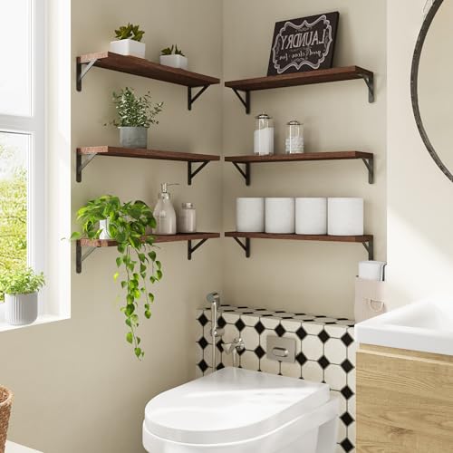 Image of YGEOMER 23.6 Inch Floating Shelves for Wall, Farmhouse Wall Shelves for Bedroom, Bathroom Storage, Living Room and Kitchen Decor (Set of 6 Brown)