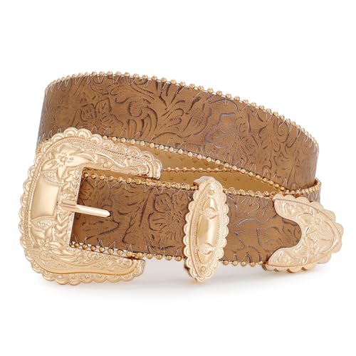 Floral Print Western Belts for Women Cowgirl Cowboy Country Leather Belt Fashion Vintage Belt for Jeans