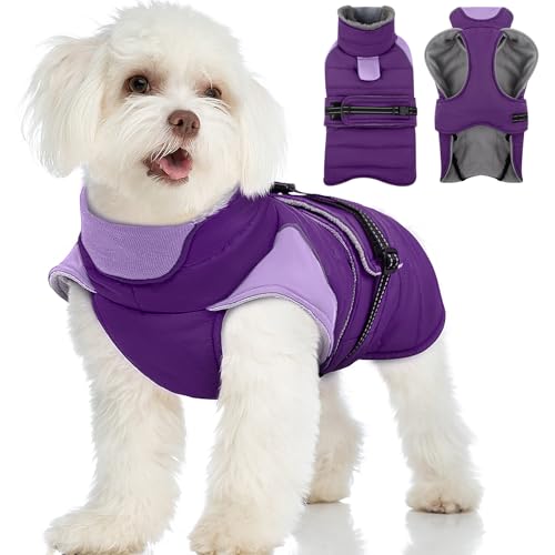 Image of MIGOHI Warm Dog Jacket - Waterproof Small Dog Coat with Furry Collar, Windproof Dogs Fleece Vest, Reflective Cold Weather Coats for Small Dogs, Adjustable Buckle, Poodle,S,Purple