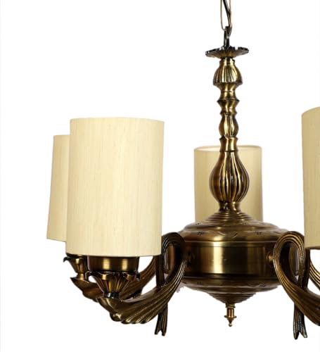 Image of Devansh 05-Light Conical Off-White Cotton Shade Chandelier - Antique Golden Finish | Adjustable Cord | Warm Glow Lamp - Ceiling Light for Living Room, Dining Area, Bedroom & Entryway Decor - D10