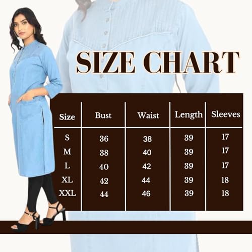Image of Denim Kurta for Women Stylish | Women Kurtas | with 3 /4 Sleeves | Mandarin Neck | A-line Kurta