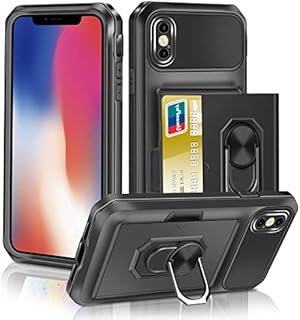 VUNAKE for iPhone X Case iPhone Xs Case with Card Holder Slot Wallet Case with Ring Kickstand Heavy Duty Hard PC TPU Bumper Cover Armor Shockproof Protecive Phone Case Cover for iPhone X/Xs,Black