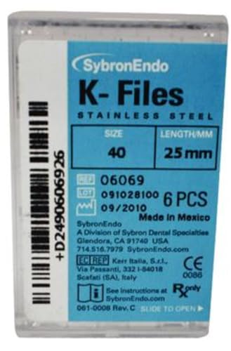 Sybron Endo 06069 Endodontic Hedstrom K-Files, Stainless Steel, Size #40, 25 mm Length (Pack of 6)