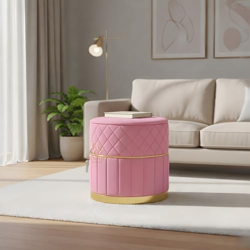 Image of Set of 2 Round Velvet Ottoman Footstool Gold Base - Tufted Upholstered Pouffe Stool for Living Room, Bedroom & Dressing Area (Baby Pink)