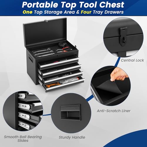 Image of Goplus Rolling Tool Chest, 5-Drawer Tool Box Organizer w /Lockable Wheels & Sliding Drawers & Detachable Top & Adjustable Shelf, Tool Storage Cabinet for Garage Workshop(Gray)