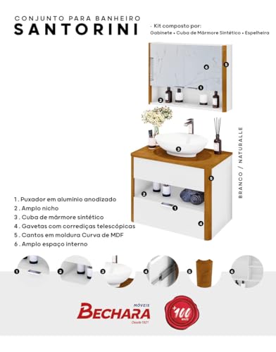 Kit Gabinete Casa Jd Armario + Espelheira + Cuba Banheiro Santorini 72cm Puxador Aluminio Cor Da Pia