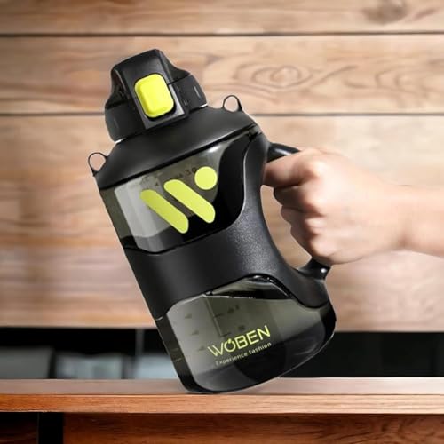 Image of WOBEN Silicone, Plastic, Tritan Plastic Sports Water Bottle, 2200ml Large Capacity, Black with Neon Yellow Accents, One-Click Lid best for gym,outdoor,hiking