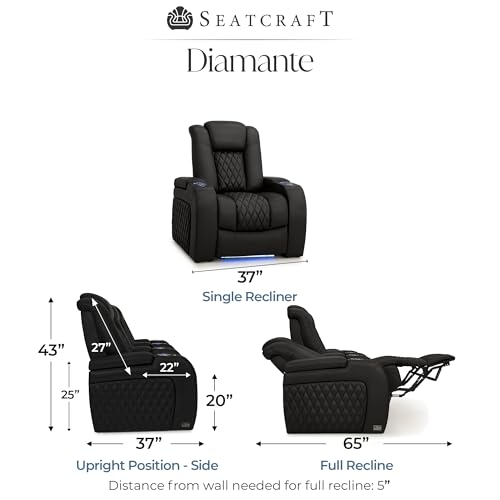 Image of Seatcraft Diamante Black Italian Leather Home Theater Seating, Zero Gravity Power Recliner Gaming and Home Office Chair, Powered Headrest Lounge Sofa Furniture for Cinema Room, Single Recliner