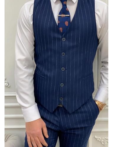 Men's Stripe Suit 3Pcs Peak Lapel Single Breasted Button Jacket Vest Pants for Business/Casual/Daily2