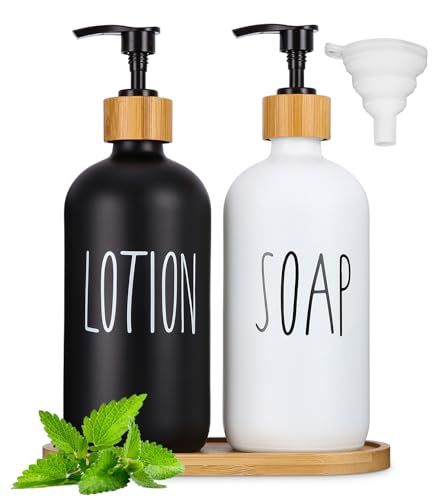 500 ml Dispensadores de Jabón 2 Piezas Dispensador de Jabón Blanco y Negro Dispensador de Jabón Dispensador jabon baño,Dosificador Jabon Baño de Vidrio,con Bandeja Embudo,para Cocina Baño