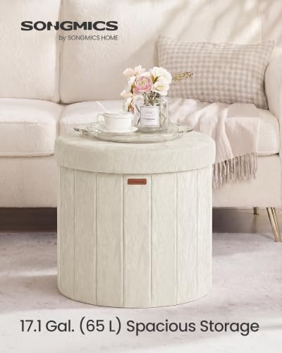Image of SONGMICS Mazie Collection - Round Storage Ottoman, Folding Footrest Stool with Removable Lid, Easy Assembly, PU Leather Vanity Stool for Bedroom, Living Room, Entryway, Cream White ULSF609WD01