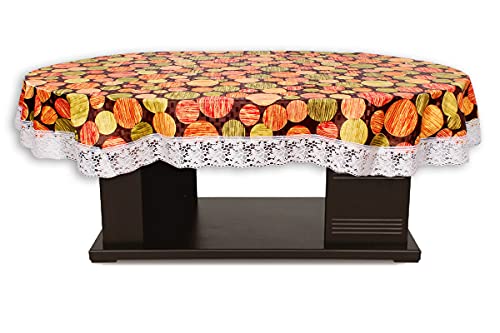 Image of The Furnishing Tree Waterproof PVC Oval Shaped 10 Seater Table Cover WxL 60x120 inches Abstract Pattern Multi Color with White Border lace