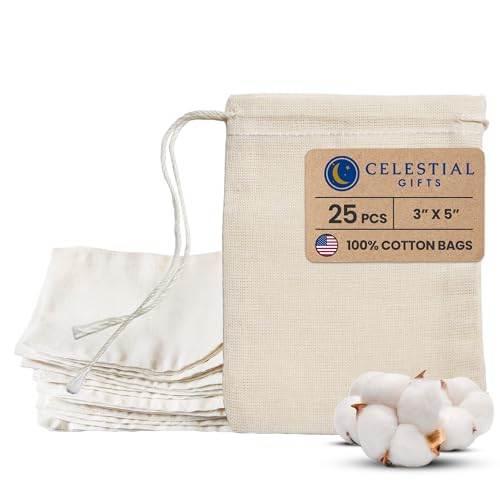 Celestial Gifts Muslin Bags - Drawstring Bags Small 25pcs - 3x5, Reusable Tea Bags, Jewelry Gift, Spice and Cotton Gift Sachet Bags - 100% Cotton - Made in USA - (Natural Hem & Drawstring)