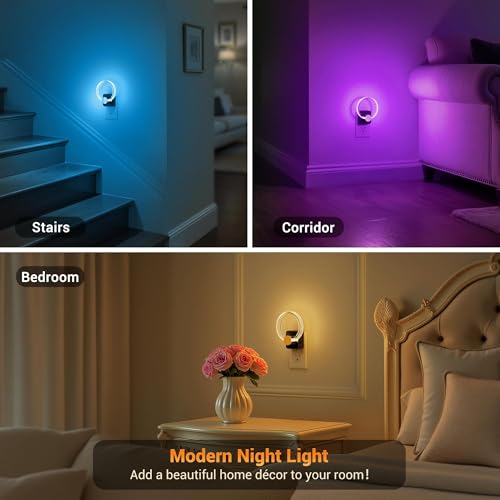 Image of JandCase Night Light, 2 Pack Color Changing Night Lights Plug into Wall | RGB Nightlight with Light Sensor, 180 Rotatable Plug in Nightlights, Dimmable Ring Acrylic Night Light for Kids Gift Hallway