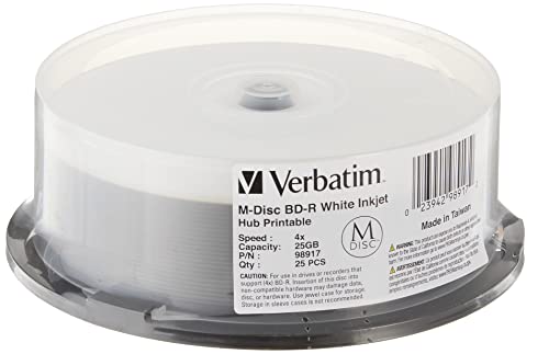Image of Verbatim 98917 M-Disc BD-R 25GB 4X - White Inkjet Printable, Hub Printable- 25pk Spindle