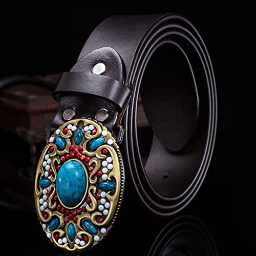Leather Belt Belt for Women Men Engraved Western Floral Buckle Inlaid Amber Turquoise & Coral Stones Metal Screw Button Waistband (120cm/waist:40"~42" Coffee)2