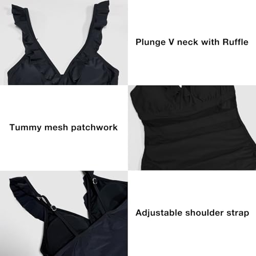SNUOEN Damen Badeanzug Rüschen V Ausschnitt Monokinis Sheer Mesh Bauchweg Einteilige Bademode Swimsuit