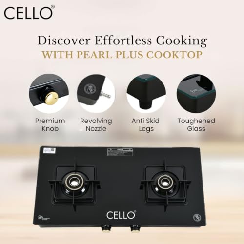 Image of Cello PEARL PLUS GT 2 Burner Gas Stove | Flower Design Brass Burners, 6mm Toughened Glass, Heavy-Duty Brass Valves, Flame Guard Pan Supports