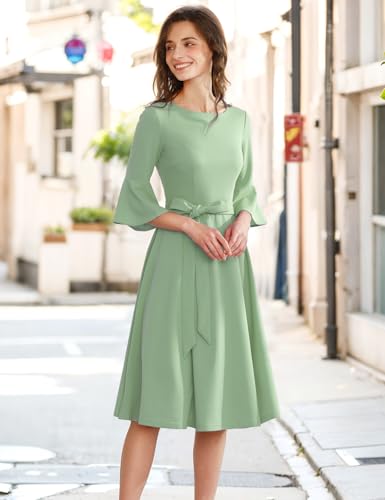 Image of HomRain Women's Church Dresses Modest Bell Sleeve Wedding Guest Cocktail Tea Party Vintage Evening Dress