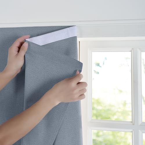NICETOWNTotal Blackout Blue Faux Linen Blind 7 feet Long Curtain Self Adhesive Drape, No Drill Easy to Install for Bedroom Window Cover, W59 x L84, 1 Panel