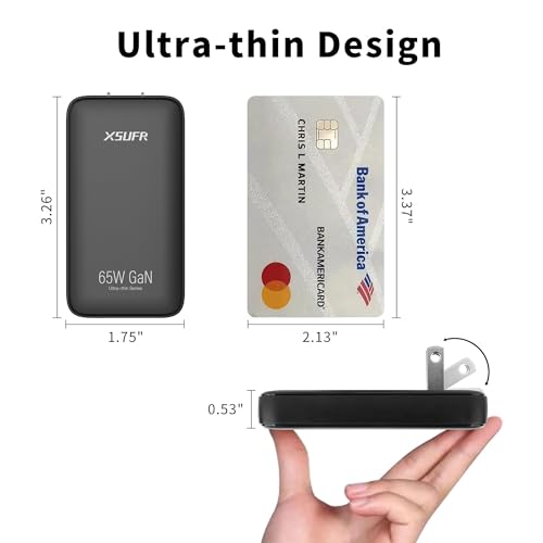 Flat USB wall charger, 65W GaN USB c Charger, Ultra Slim Wall Charger, Folding Travel Single Port USB c Wall Charger, for Laptops, Tablets, Phones (Black-1C)